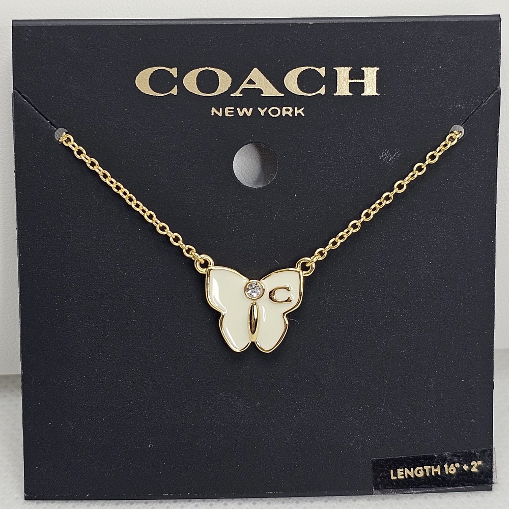 Coach Gold Necklace with White Bow Pendant New With Tags From Manufacturer